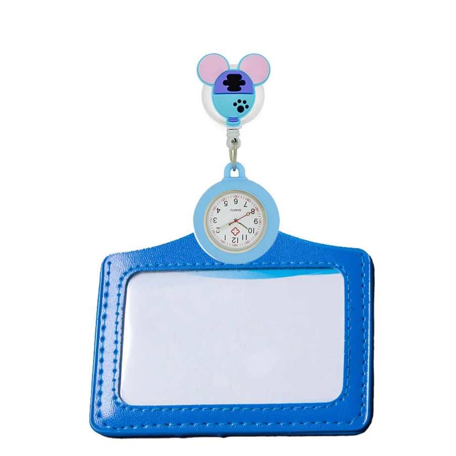 YiJia Lovely Cartoon Nurse Doctor Retractable Silicone Pocket Watch Plastic Badge Reel Medical Watches with ID Card Holder