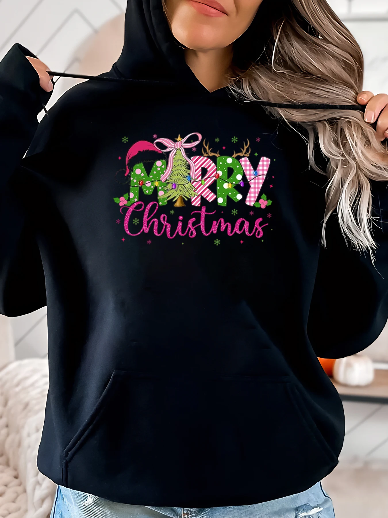 Sudadera con capucha con estampado de renos y árbol de Navidad, ropa informal para mujer, color negro, talla grande