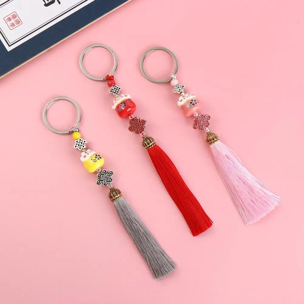حقيبة سحر قلادة الصينية عقدة عشوائية شرابة محظوظ القط المفاتيح النسيج سلسلة مفاتيح مفتاح حامل محظوظ القط كيرينغ #3