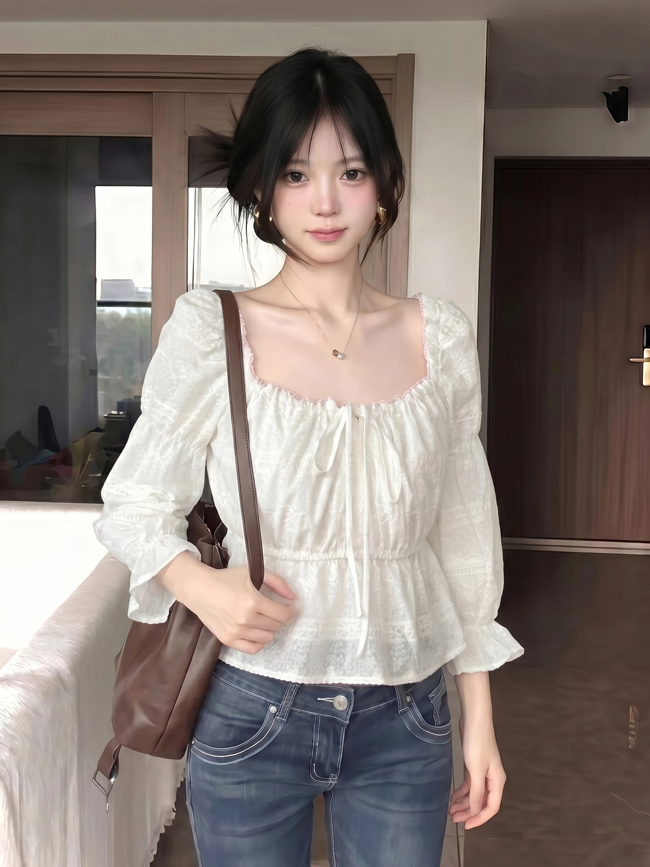 

Elegant Lace Shirt Women's Short Style Waist Cinched Square Collar Blouse Floral Detail Gentle Wind Style Summer New Arr...