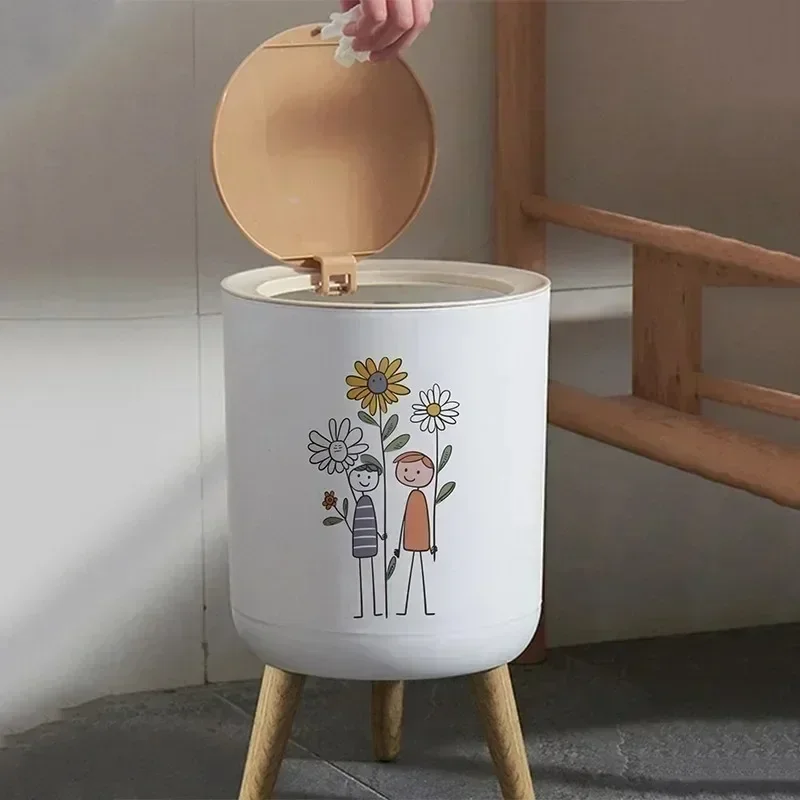 7L High Foot Wooden Trash Can with Lid High Foot Press Type Dustbin for Bathroom Kitchen Living Room Home Wastebasket with Lid