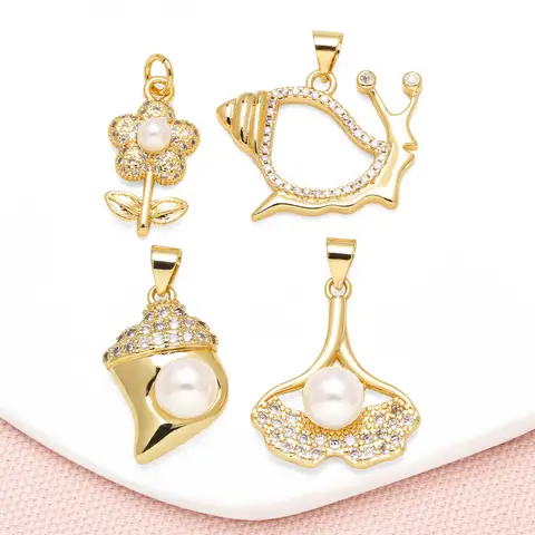 OCESRIO Bead White Crystal Flower Pendant for Necklace Copper Gold Plated Horn Whale Tail Snail Jewelry Making Supplies pdta821