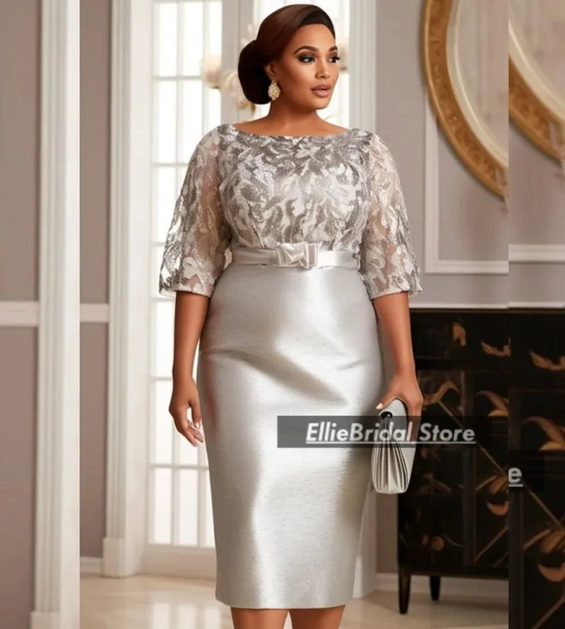 

Silver Lace Wedding Party Dresses Scoop Tea Length Short Mother of The Bride Dress Customized Plus Size Evening Gowns