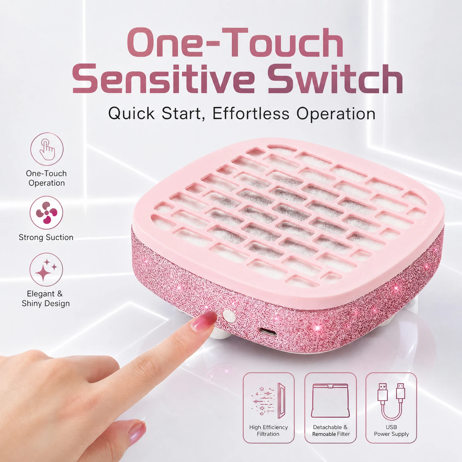 858‑M3 Nail Dust Collector, High‑Suction Low‑Noise Nail Vacuum Cleaner, Rhinestone‑Decorated Shell, Type‑C Power Supply, One‑Touch Switch, Removable Filter Cover, Comes with 10 Filter Papers, For Salon & Home Nail Art 3