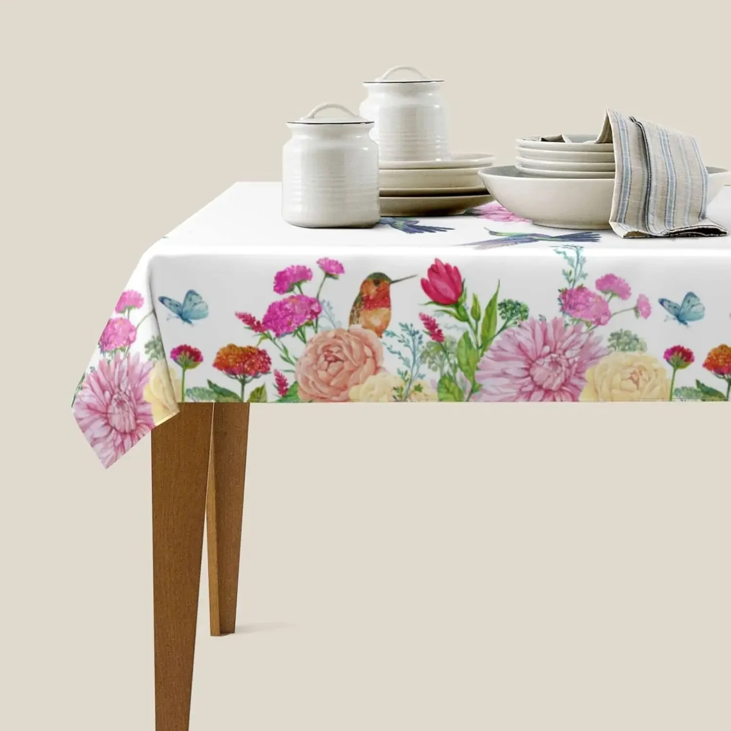 Hummingbird Flowers Printed Tablecloth Wedding Party Decoration Washable Summer Floral Rectangle Table Cloth Kitchen Table Decor