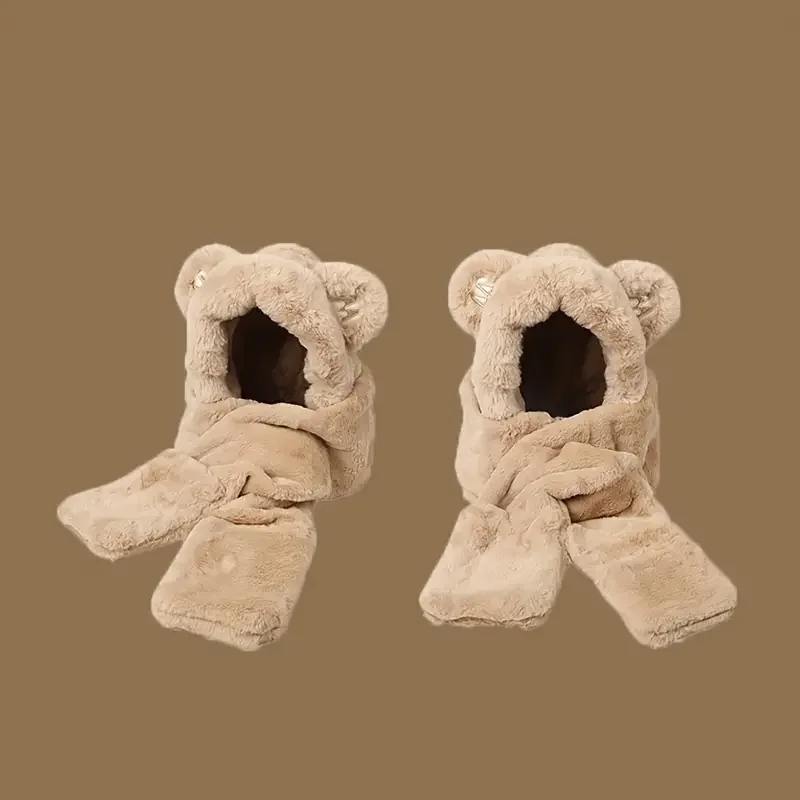 

Winter Fleece Hat & Scarf Sets, Thermal Ear Decor Windproof Hat & Scarf With Hand Pocket