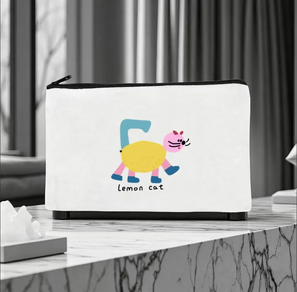 1PC Abstract Lemon Cat Cartoon Print Canvas Cosmetic Bag Double Sided Portable Travel Zipper Pouch