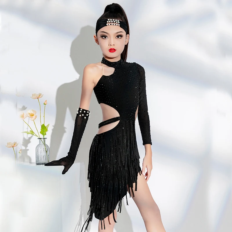 Fashion Kids Professional Dancing Dress Girls Single Sleeve Drill Latin Dance Fringed Dress Stage Performance Party Wear SL9181