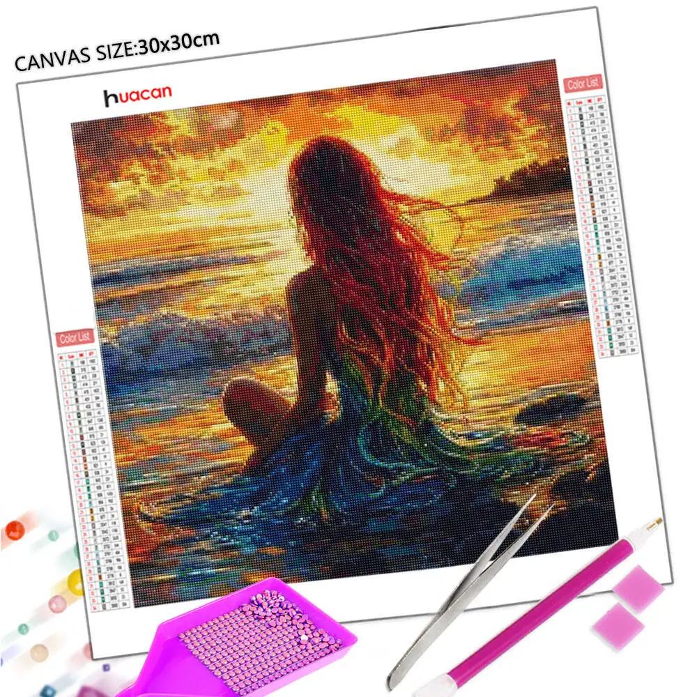 Huacan 5D DIY Diamond Painting Beauty Girl Back View Seaside Sunset Full Square Round Wall Decor Diamond Embroidery New Arrivals