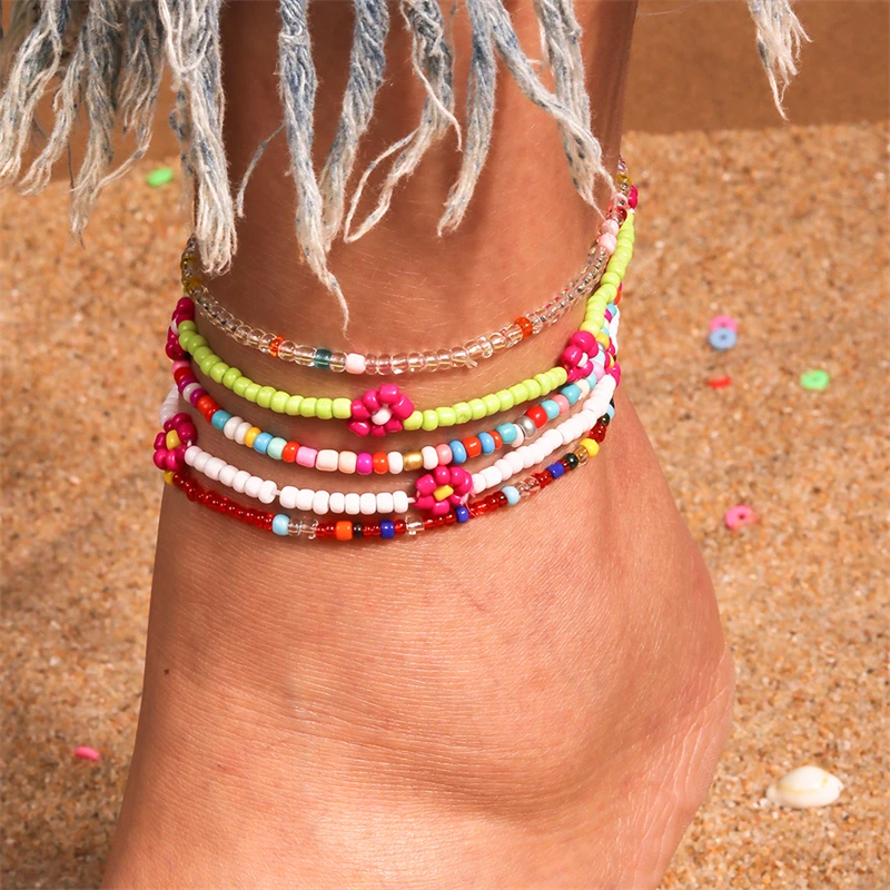 5Pcs/Set Fashion Handmade Flower Beads Anklets for Women Summer Beach Ankle Bracelets Foot Leg Chain Girls Holiday Jewelry Gifts