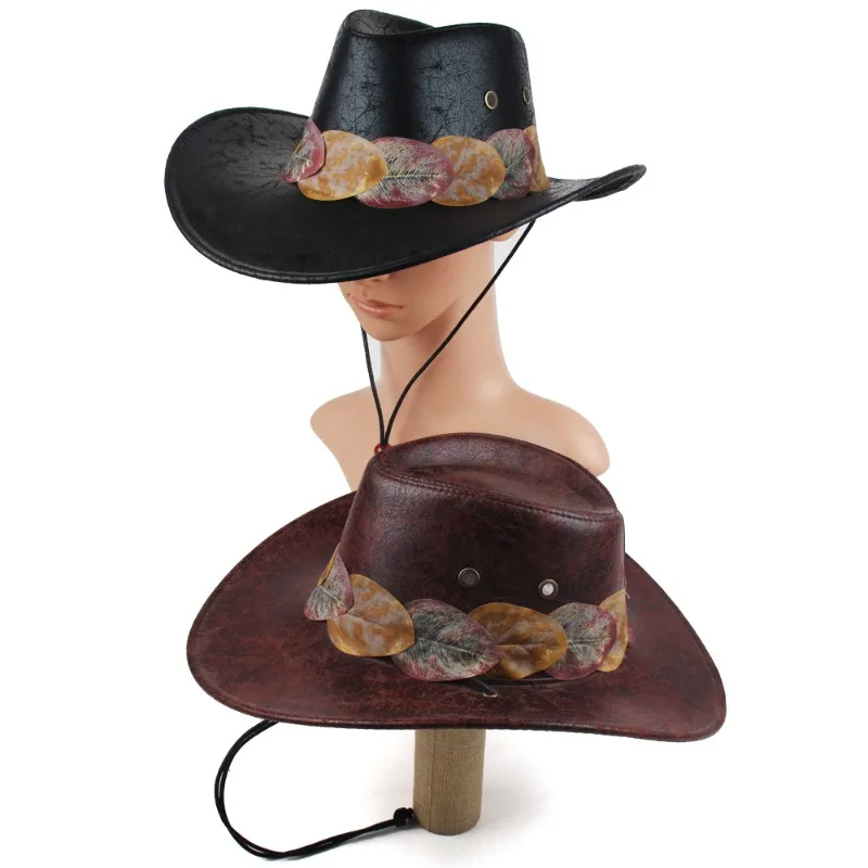 Women Vintage Distressed Western Cowboy Jazz Hat PU Faux Leather Cap With Artificial Leaf Decor Retro European American Fashion