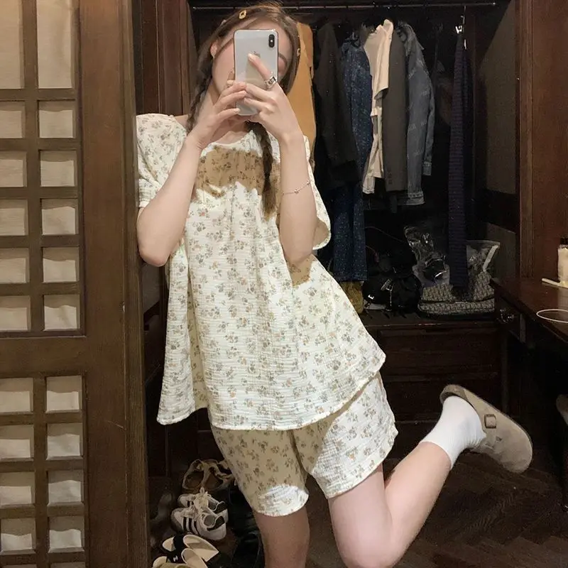 Floral Sleepwear Women Pajamas Shorts Sets Korean Style Pijama Loungewear Summer Two Piece Set Night Wear Button Home Suit 2024