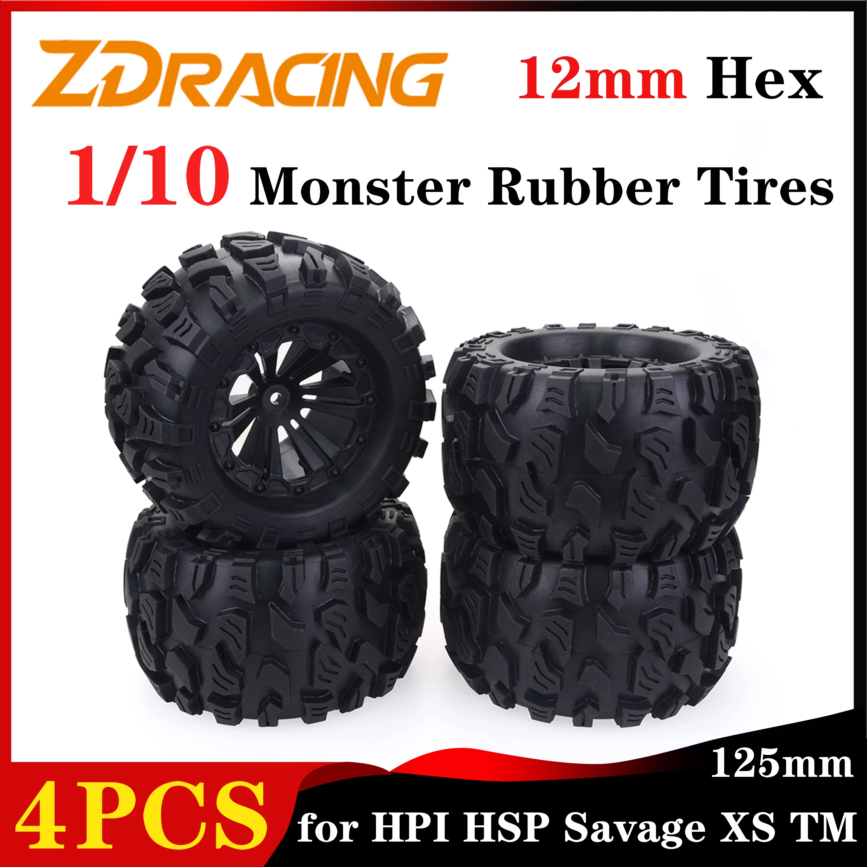 

ZD Racing 4PCS 1/10 125mm Monster Truck Tires 12mm Wheel Hex Skidproof Rubber Tyres for RC Car Buggy HPI HSP Savage XS TM Flux