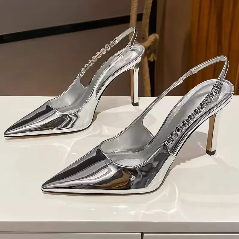 

Shiny High Heels Slingback Silver Women Pumps Metallic Crystal Sandals Pointy Toe Stiletto Heeled Shoes Party Dress Shoes Woman