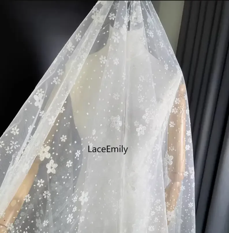 Glitter Flower Lace Fabric Floral soft Mesh Tulle Fabric For Bridal Veil , Tutu Dress, Gowns, Wedding Dress, Home Decoration