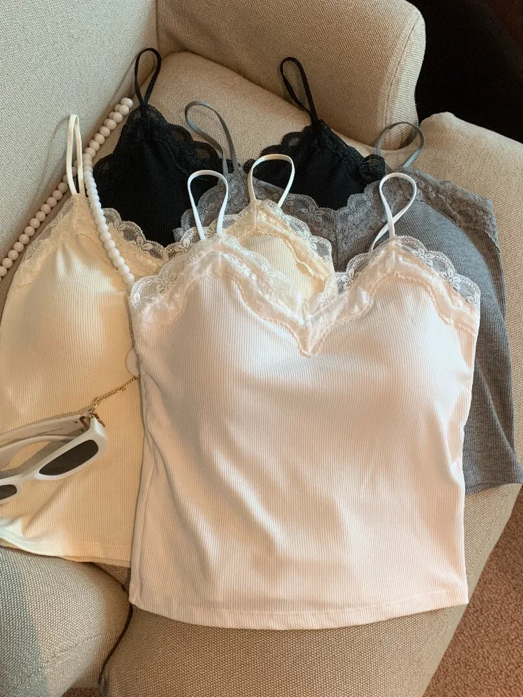 

Retro Sexy Lace Trim Camisole Women's Short Top Inner Wear Small Size Summer Fashion Korean Style Slim Fit Inner Shirt