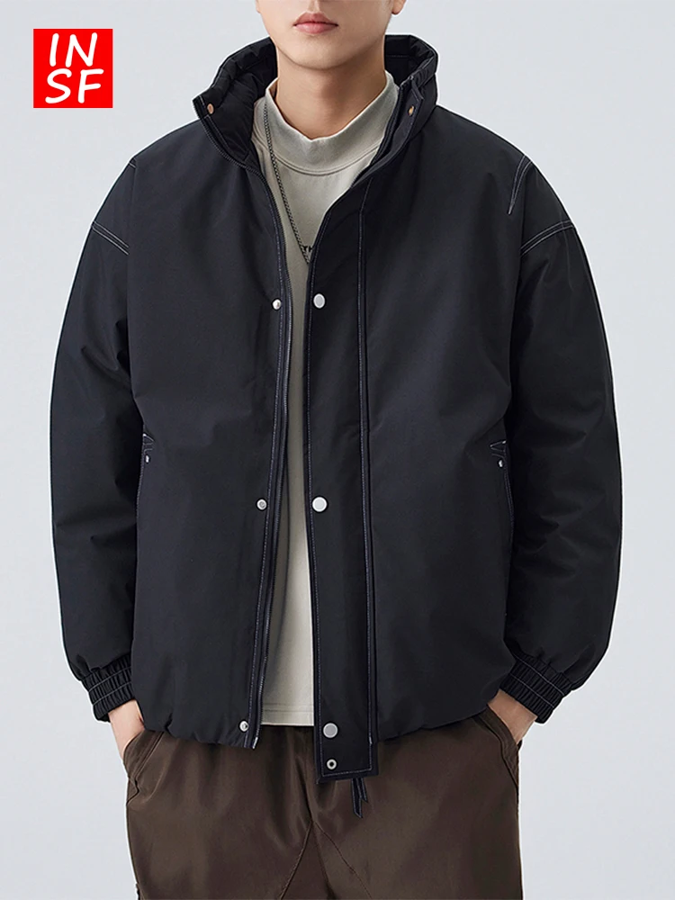 

Winter Thiened Hooded Cotton Jaet Men's Loose Fit Stand Collar Zipper Coat Warm Youth Casual Faion Pure Color Workwear ...