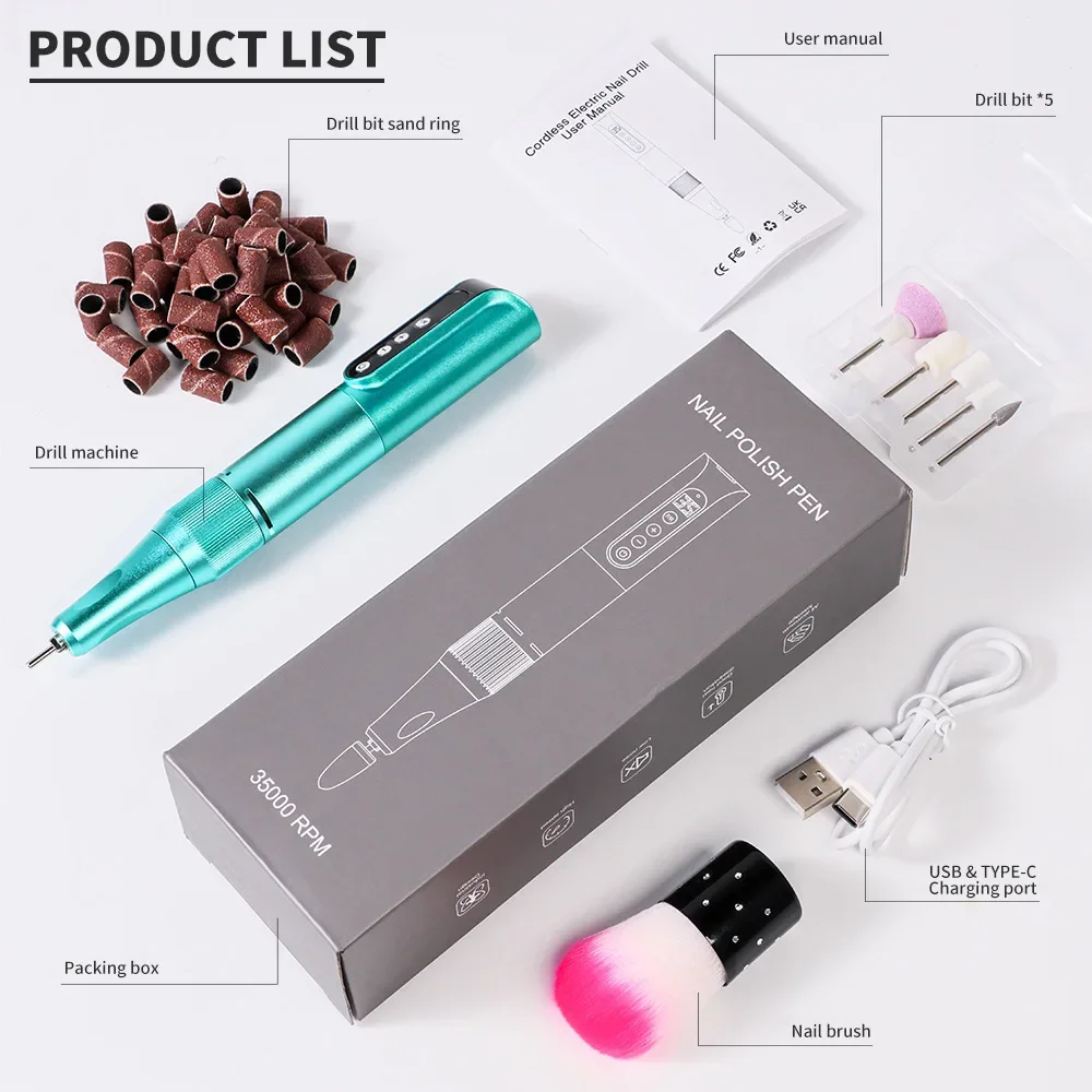35000RPMワイヤレス充電式電動ネイルファイル、アクリルジェルネイルマシン用、LEDディスプレイ付きネイルマニキュアセット