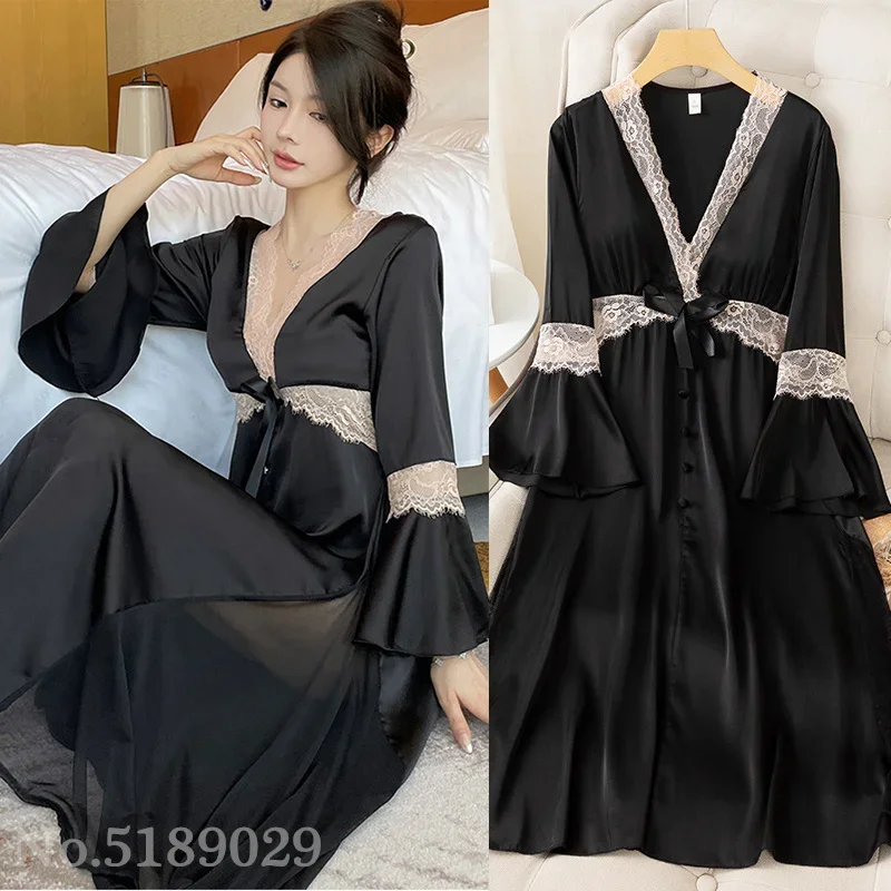 Vintage Lady Girls Nightdress V-Neck Nightgown Princess Dress Sleepshirts Royal Style Sleepwear Satin Home Dresses Loungewear