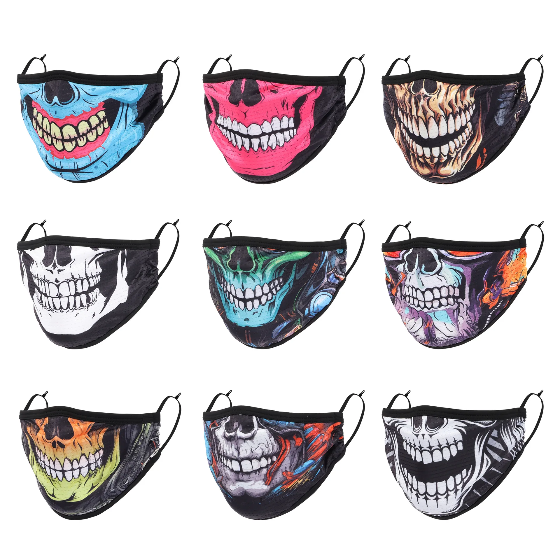 Uniek bedrukt stofdicht masker voor volwassenen met PM2.5-filter Skull Punk Cool Silk-materiaal Sneldrogend verstelbaar gezichtsmasker voor buiten
