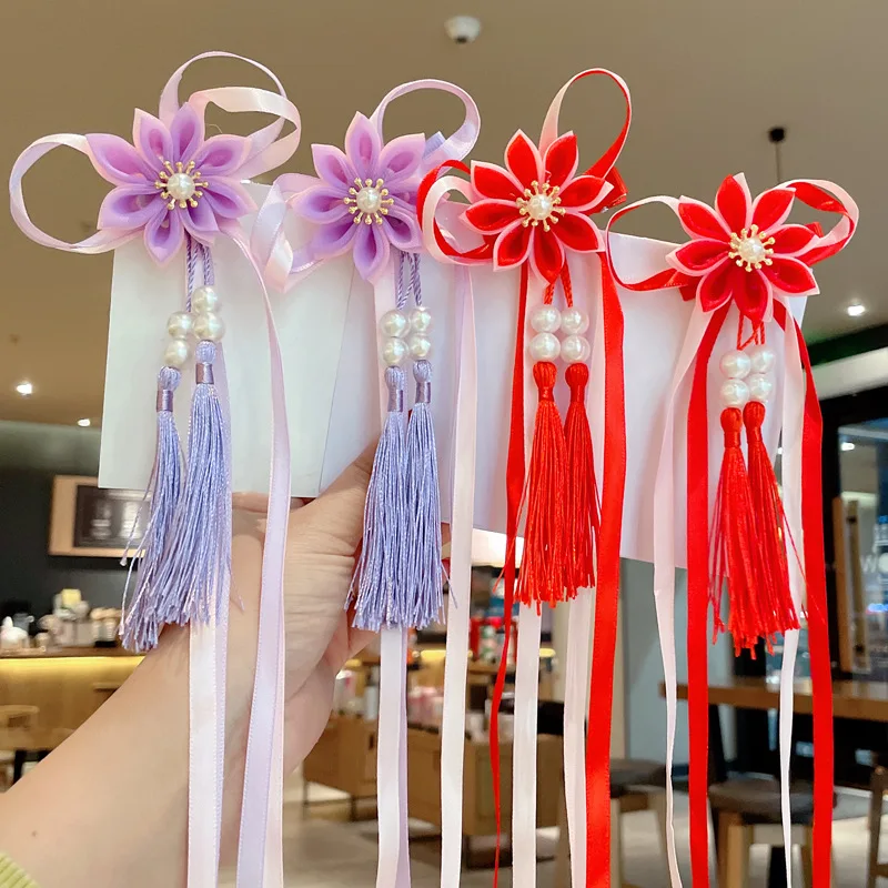 Vintage Chinese Organza Ribbon Bow Tassel Hairpins Hairgrips Butterfly Flower Hair Clips for Girls Han Fu Pins Hair Accessories