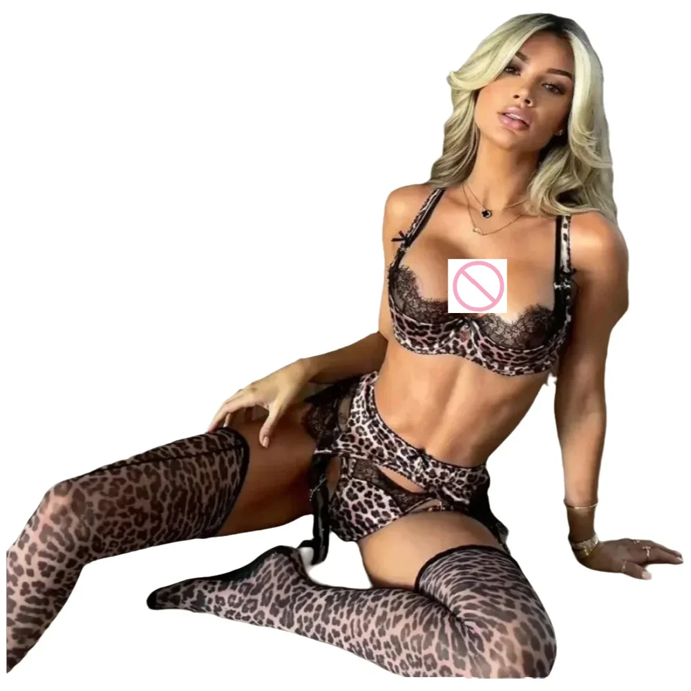 

Sexy leopard print stitching lace see-through hollow body shaping double shoulder strap underwear set with leg socks