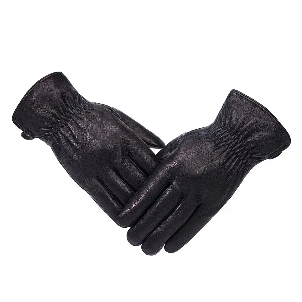 New men\'s 100% sheepskin gloves, deer skin pattern design, warm and soft men\'s leather gloves, men\'s mittens with plush lining