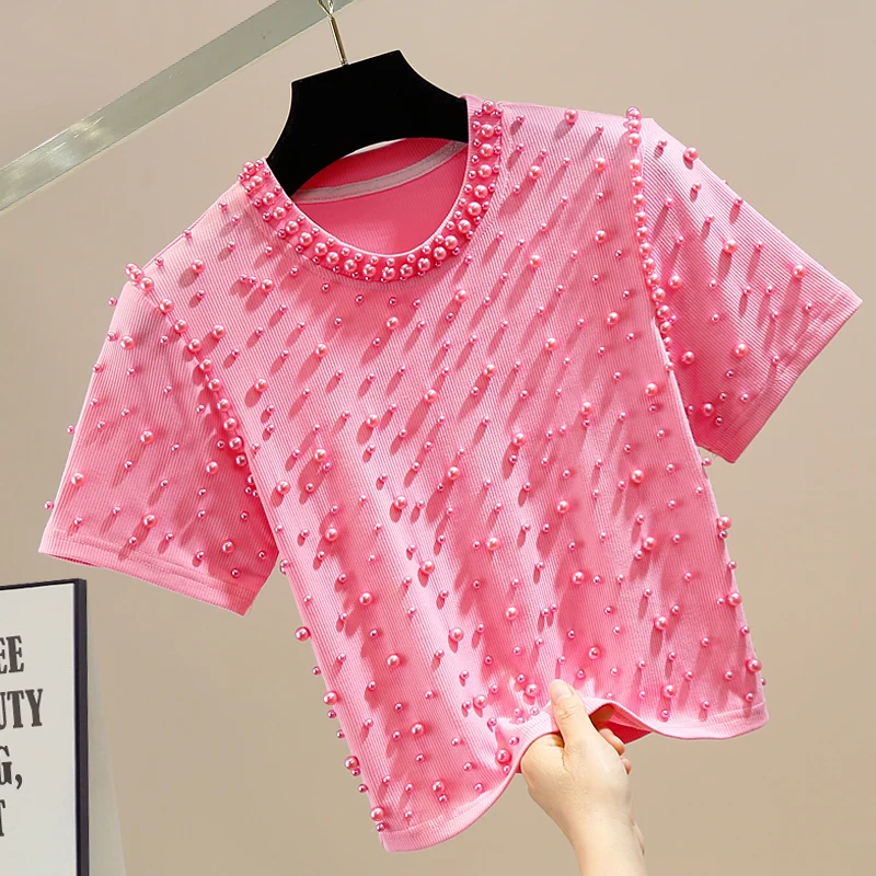 

New Elegant Beads Round Neck Pullover Short Sleeve Slim-Fit Short T-shirt Women's 2024 Summer Fashion Trendy Sweet Top Tees