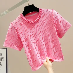 New Elegant Beads girocollo Pullover manica corta Slim-Fit t-shirt corta da donna 2024 Summer Fashion Trendy Sweet Top Tees