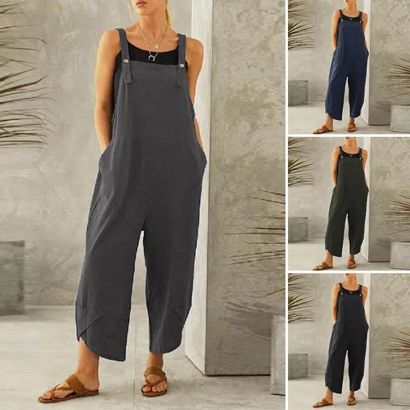 

2021 Casual Sleeveless Solid Color Cotton Linen Rompers Button Strap Double Pockets Irregular Loose Women Jumpsuit