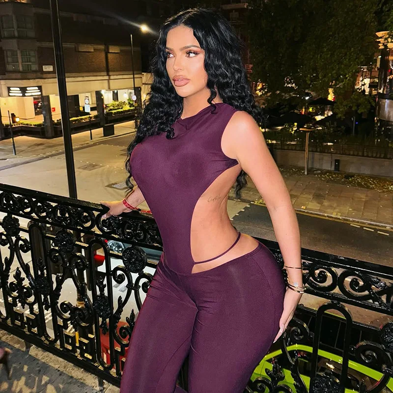 

Сексуальный комплект из 2 предметов, женские однотонные боди без рукавов с открытой спиной и круглым вырезом, топы + тонкие брюки-клеш, модный костюм для ночного клуба, уличная одежда