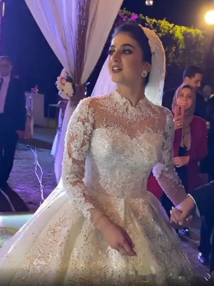 Customized Aso Ebi Arabic Sparkly Appliques Beads  Wedding Gowns  Long  Sleeve High Collar Ballgown Puffy Garden  Bridal Dresses