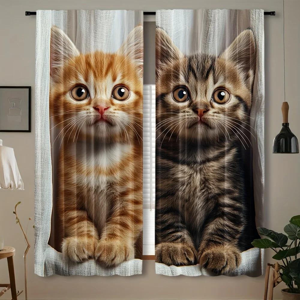 Realistic Kitten Curtain Panels, Sweet Tabby Kittens Window Peeking Soft Warm Tone Print Drapes for Kid‑Friendly Apartment Decor