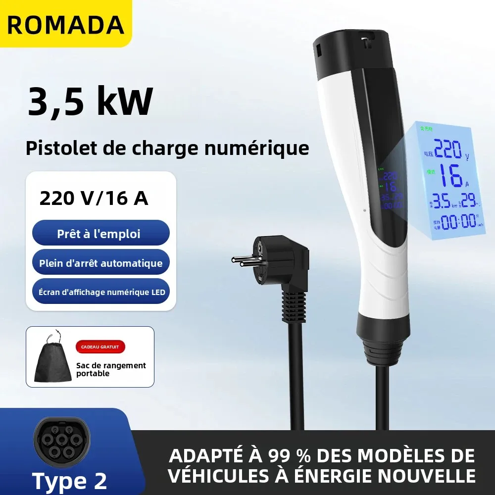 Nouveau chargeur EV Portable 3,5 kw 16a, étanche IP66, avec écran d'affichage, câble de 3M à 10M, TYPE2 EVSE, prise ue, charge rapide