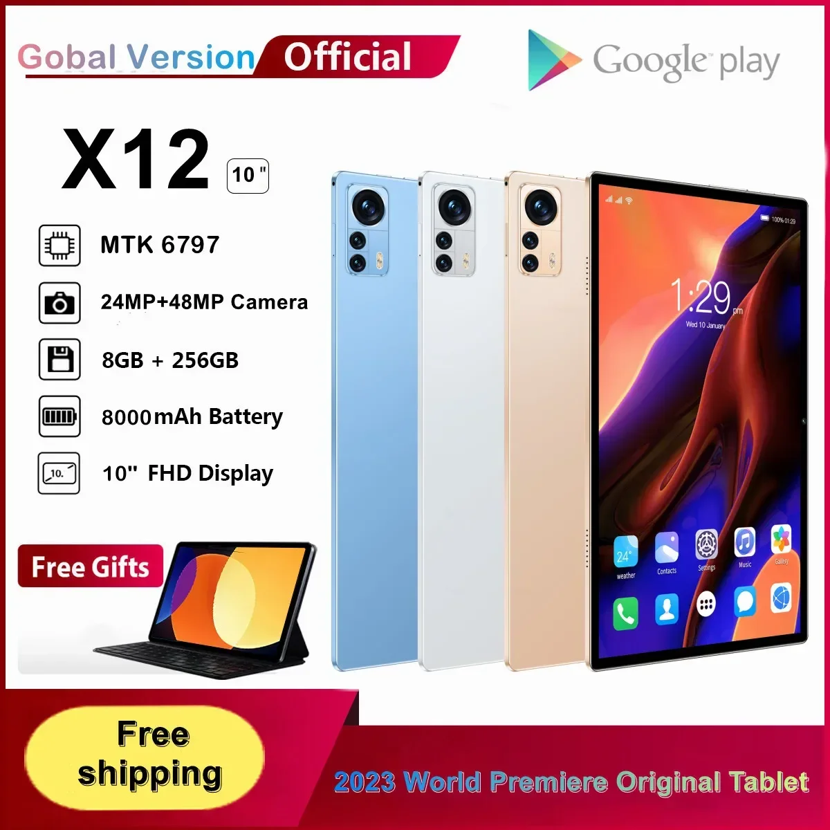 2023 Global Firmware NEW X12 Tablet Android 12 MTK6797 Tablet 10Inch 120Hz WQHD+display 8GB 256GB 8000mAh Battery 5G Tabtop