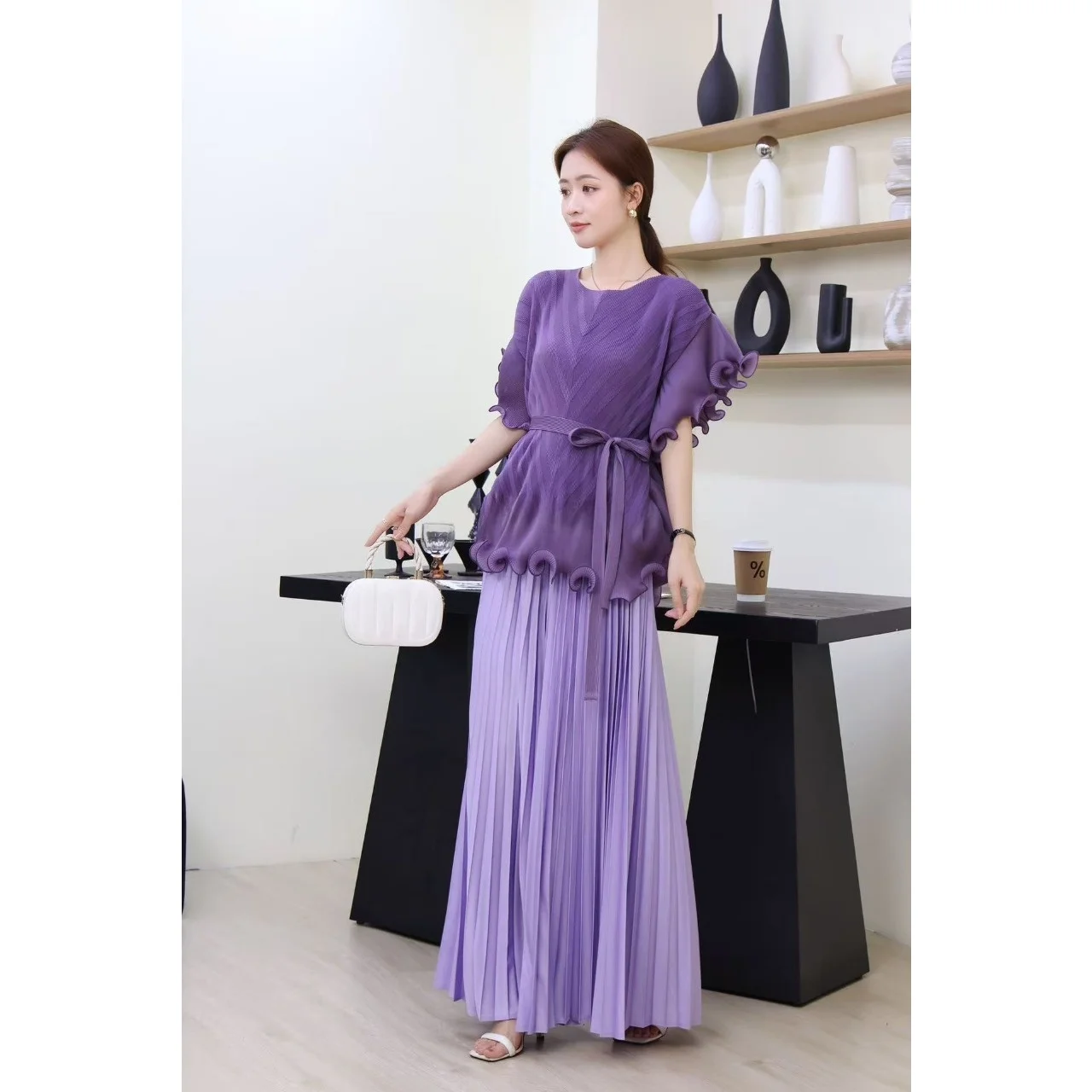 

Женский модный комплект Wood ain, широкие брюки со свободной талией, плиссированная юбка ort Sve round Ne Top Bot