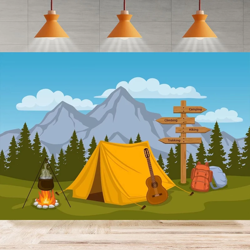 Photography Backdrop Forest And Mountain Scenery Outdoor Campfire Camper Tent Theme Birthday Party Background Hiking Climbing