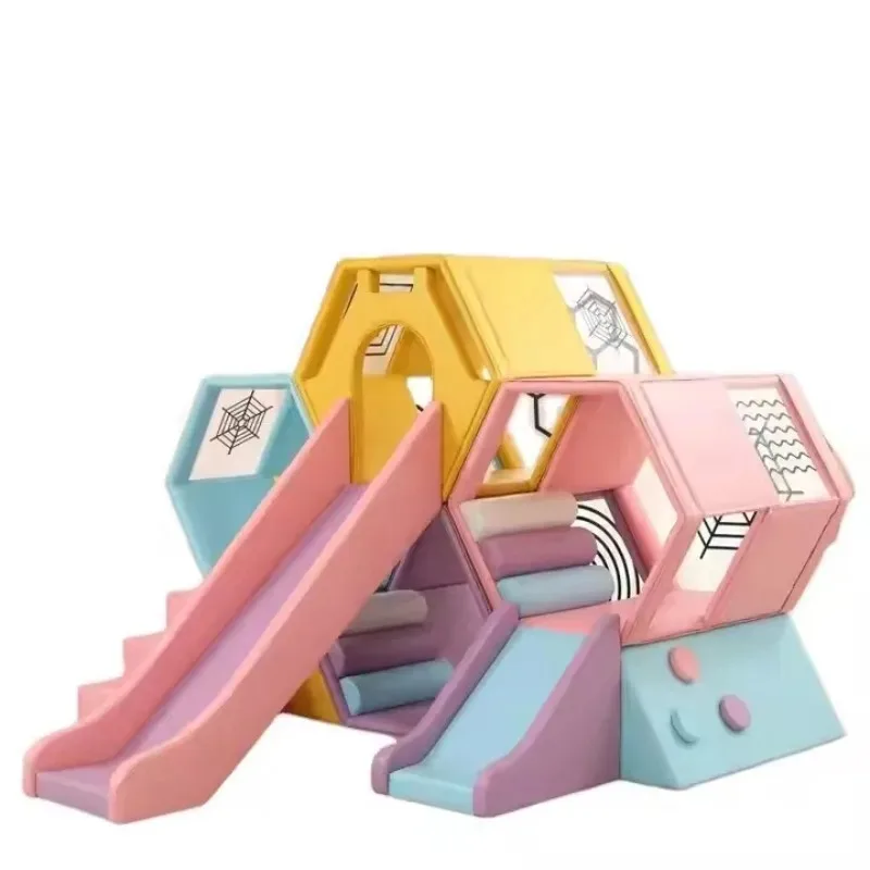 【Down Payme】Parent Child Climbing Physical Training Soft Play Honeycomb Combination Pink Big Slide Set Children for Kindergart