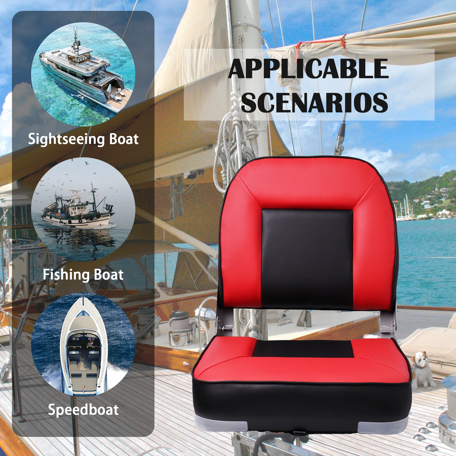 Low Back Marine Boat Seat 1 Pack, Folding Fishing Chair with Fold-Down Design, Thickened Cushion & Aluminum Hinges, PVC, 4 Screws Included, for Bass Jon Pontoon Boats