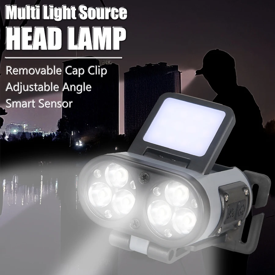 LED Smart Sensor Headlamp Cap Clip Light USB Rechargeable Flashlight  With Power Display Riding Fishing Camping Outdoor Torch