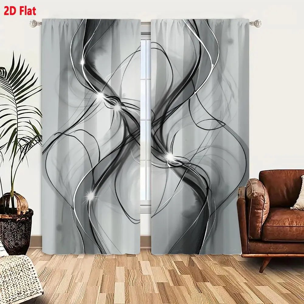 2Pcs Curtains Add 2D Flat Monochromatic Abstract Digital Art With Fluid Flowing Lines And Glowing Points Window Drapes for Bedro