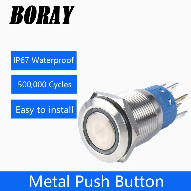 

IP67 waterproof flat circular 12/16/19/22mm metal push button momentary or latching on off switch with LED 12/24/220V.