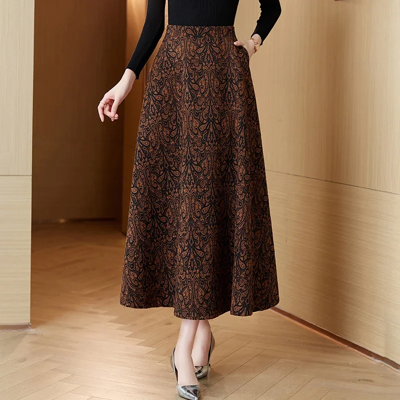 

Elegant Fashion Jacquard Vintage Woolen Long Skirt Woman 2023 Winter Thicken Big Swing Loose A-Line Saias Longas Femme