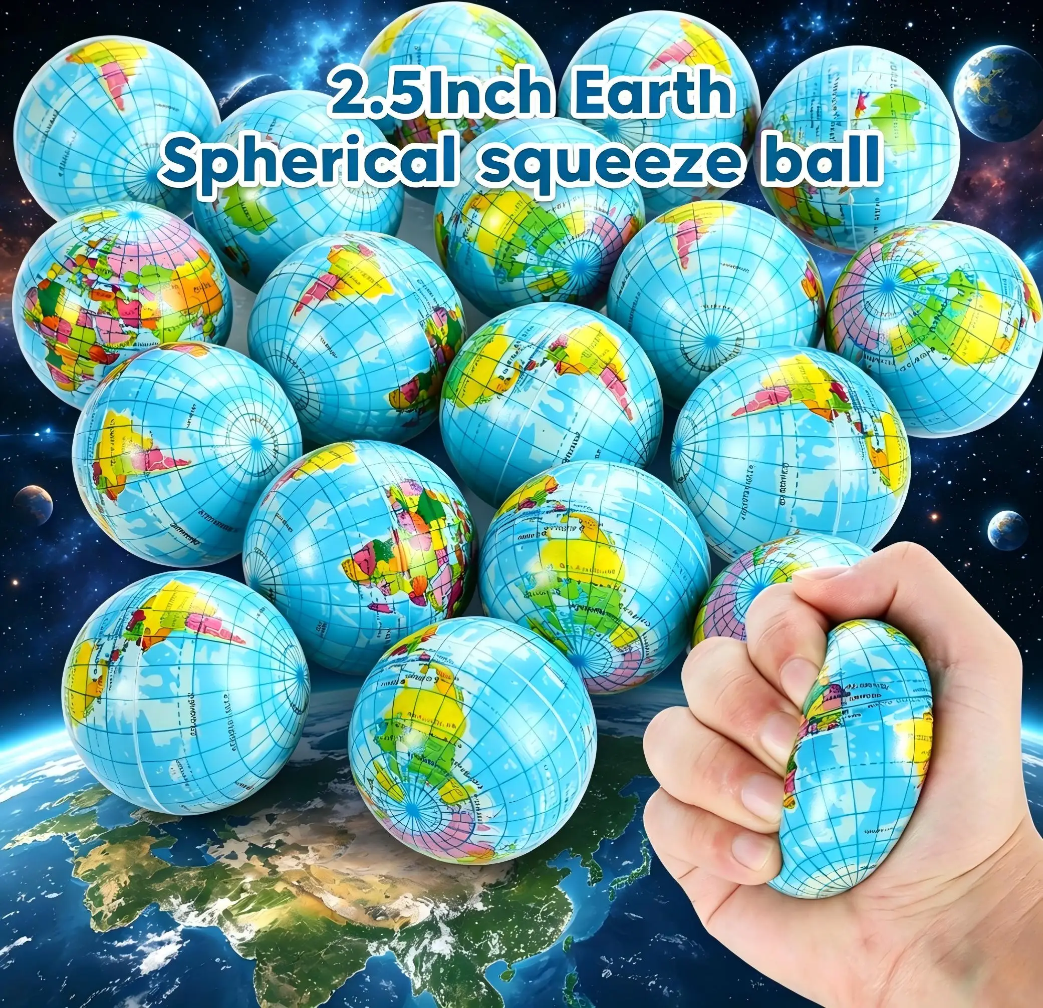 Spherical squeeze ball 2.5 inch elastic earth ball soft earth ball mini foam globe squeeze pressure ball for Birthday party