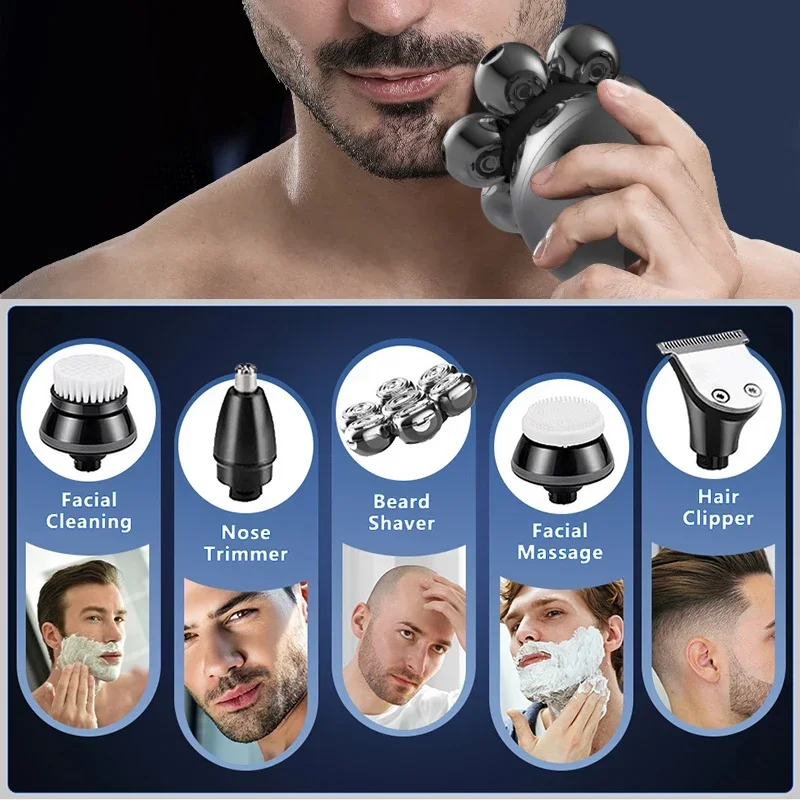 Barbeador elétrico 5 em 1 para homens, cabeça careca, máquina de cortar cabelo, aparador de nariz, 7 lâminas flutuantes, barbear, recarregável, faca de barba