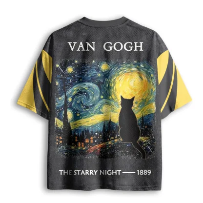 Van Gogh Starry Night Black Cat Mesh V Neck T-shirt Men Famous Painting Summer Top