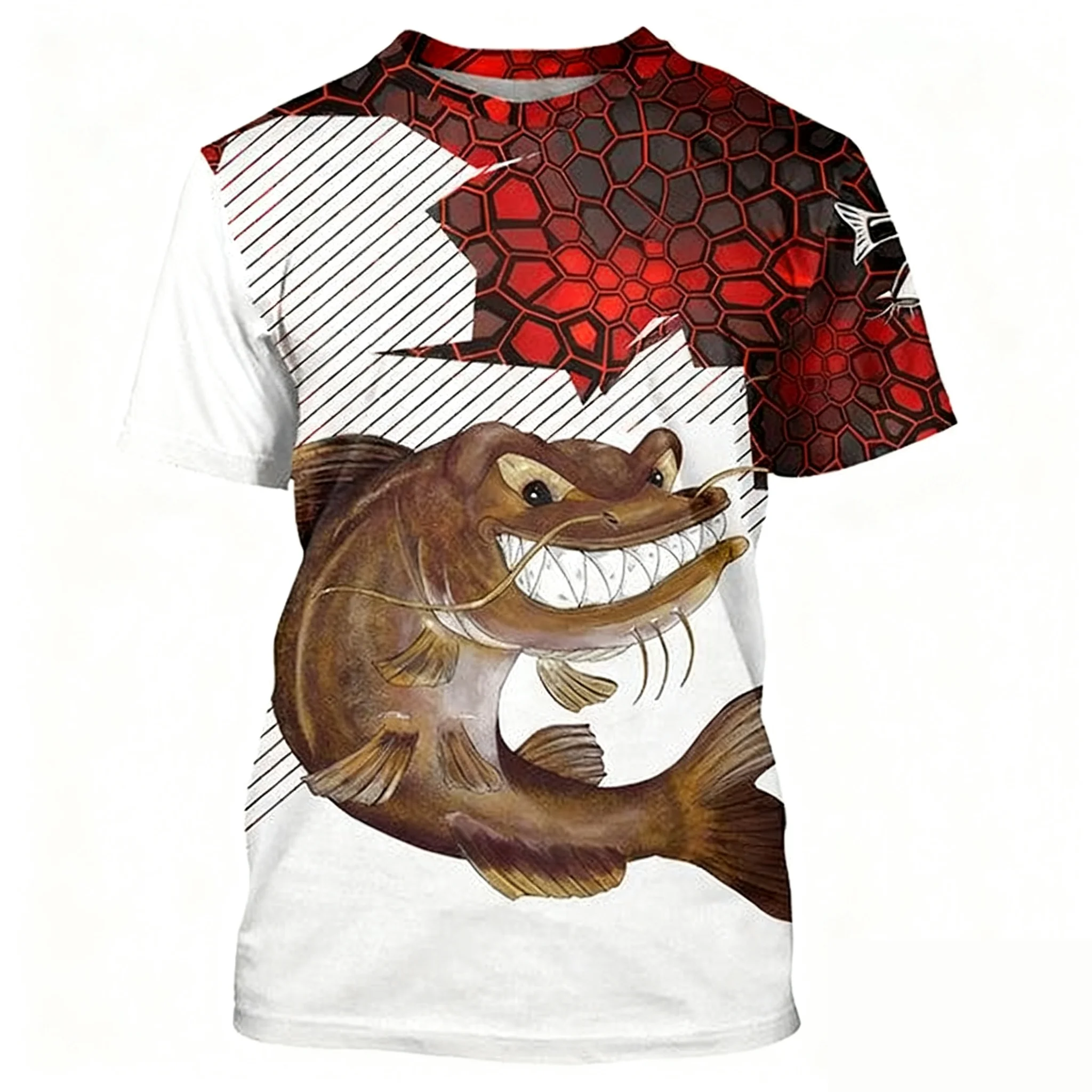 قميص صيد فضفاض بأكمام قصيرة مطبوع عليه سمكة السلور الكرتونية، سريع الجفاف، ماص للعرق، ملابس رياضية مريحة لصيد الأسماك