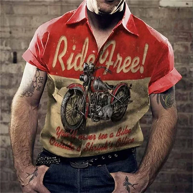 3D Vintage Motorcycle Pattern Shirts Hawaii Beach Breathable Short Sleeve Shirts Summer Outdoor Men\'s Clothing Casual Men\'s Top