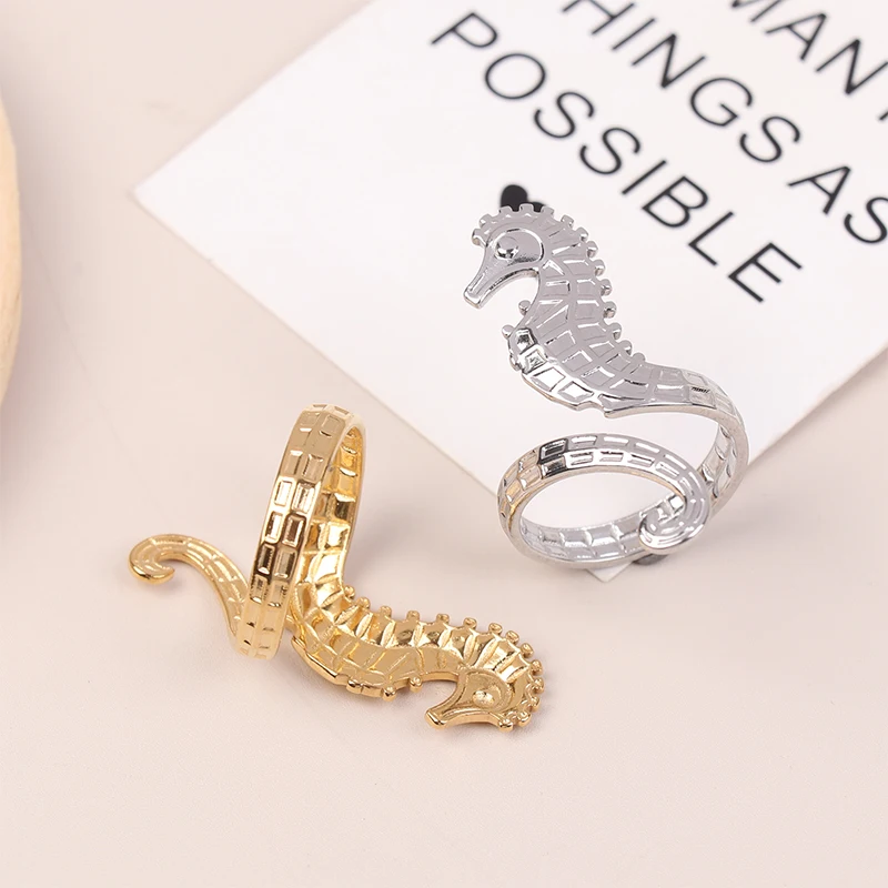 Sea Beach Stainless Steel Sea Horse Design Open Ring ​Light Cozy ​Women Charm 18K PVD Plated Waterproof Stylish Jewelry Gift image 4