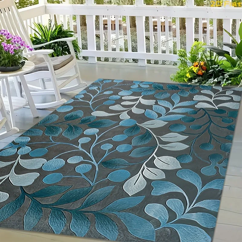 Blue Teal Leaf Art Rug Dark Base Abstract Foliage Pattern Large Floor Rug for Living Room Patio Bedroom Indoor Decor Area Rug